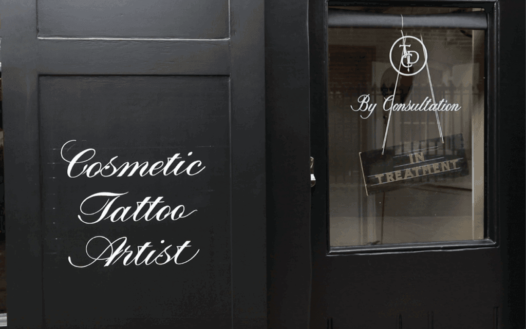 Front door of The Dermatography Clinic, Spitalfields London – By consultation only, cosmetic tattoo artist