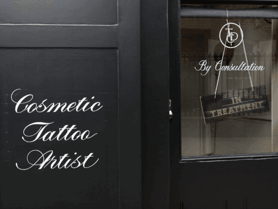 Front door of The Dermatography Clinic, Spitalfields London – By consultation only, cosmetic tattoo artist