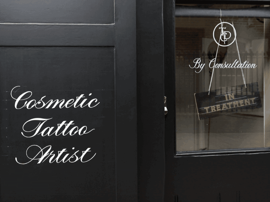 Front door of The Dermatography Clinic, Spitalfields London – By consultation only, cosmetic tattoo artist