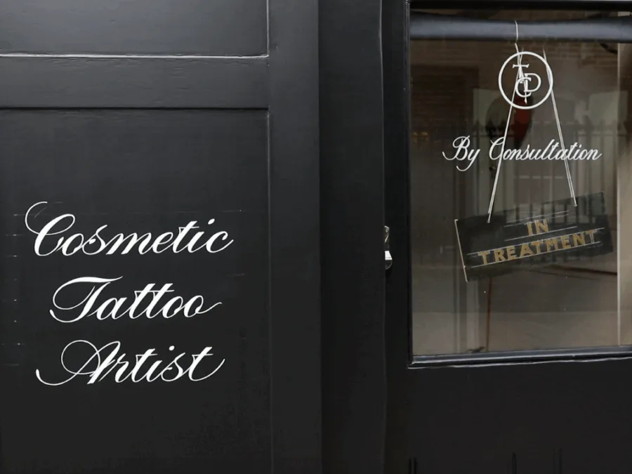 Front door of The Dermatography Clinic, Spitalfields London – By consultation only, cosmetic tattoo artist