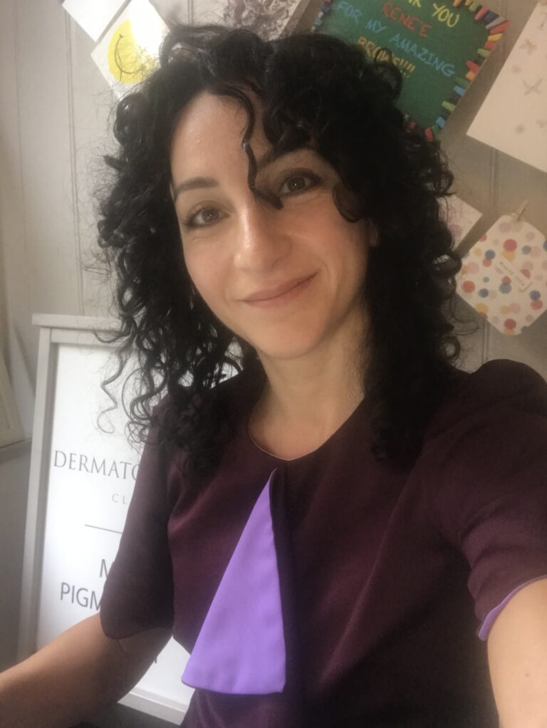 Specialist Renée micropigmentation artist at desk in Spitalfields clinic, London